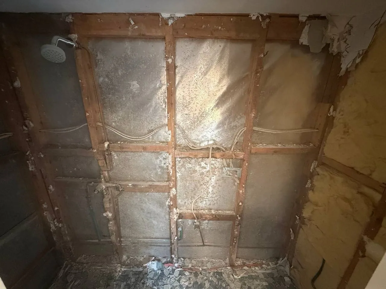 Demolition exposing timber wall framing and existing services