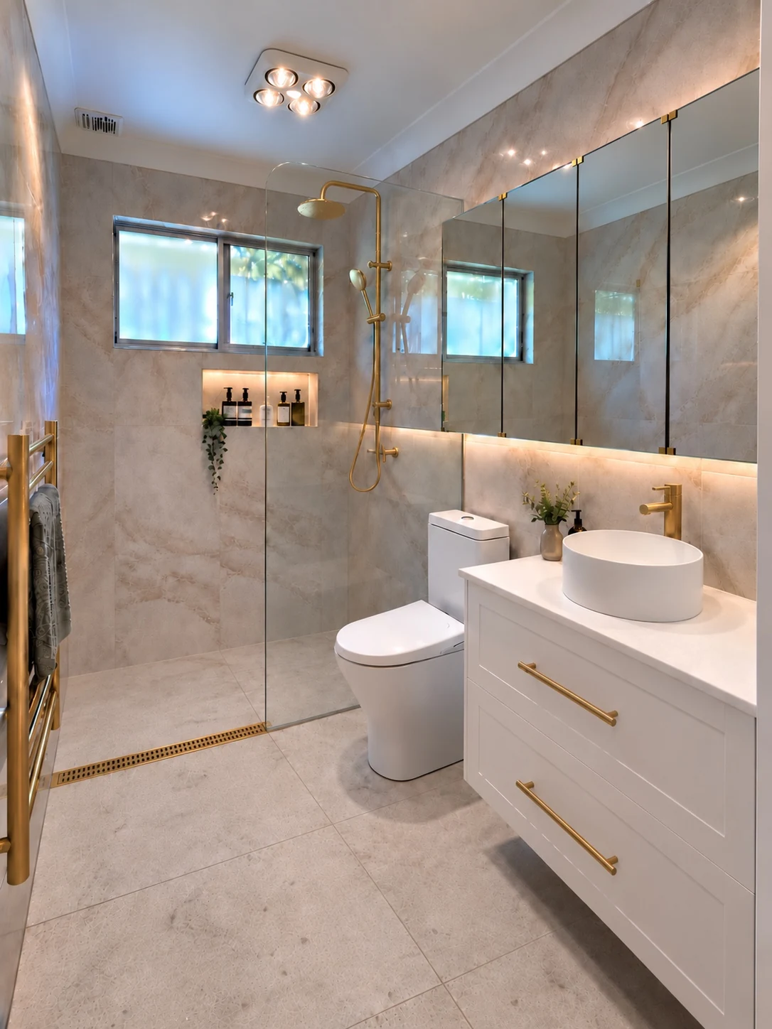 Renovated bathroom with frameless shower, gold fittings and floating white vanity