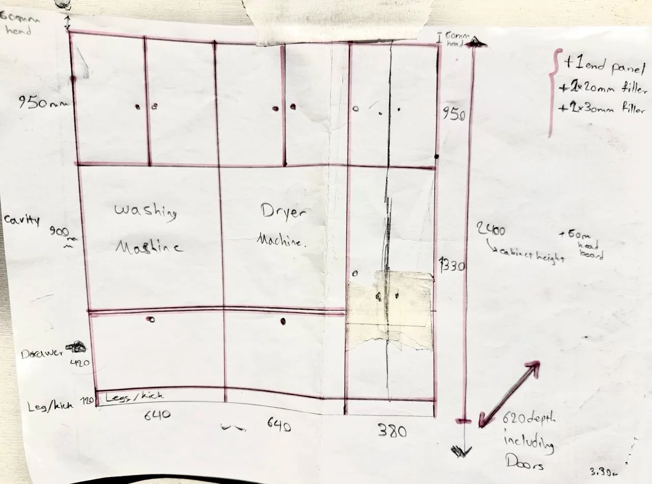 Hand-drawn joinery plan for the laundry cabinetry and washer-dryer layout