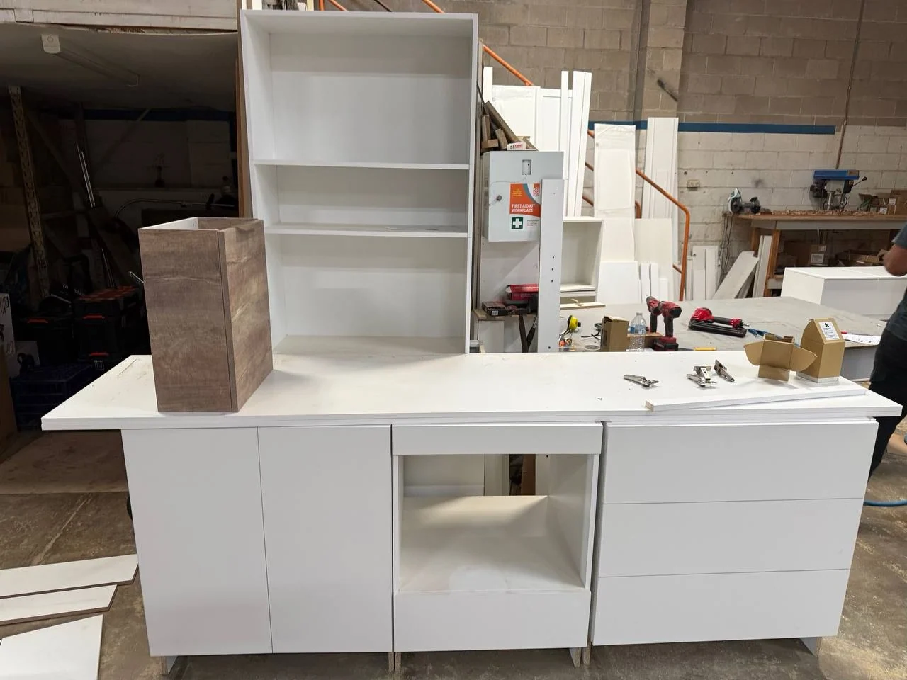 New custom kitchen cabinets being assembled in the joinery workshop