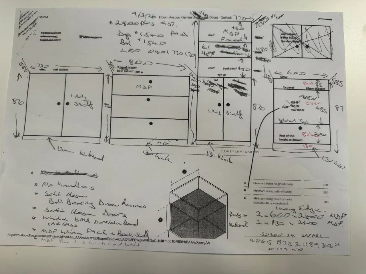 Hand-drawn kitchen cabinetry layout and dimension notes