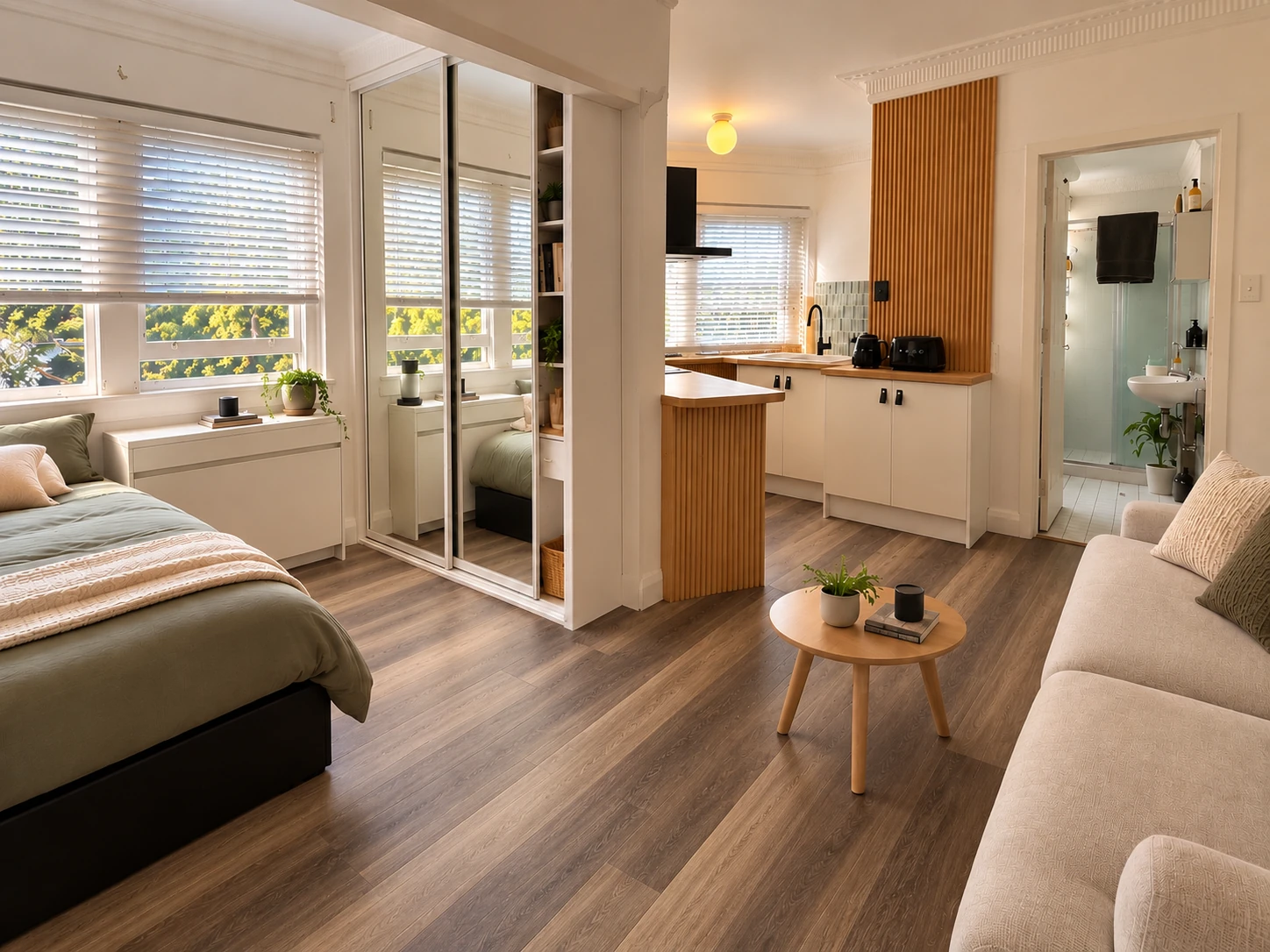 Visualisation of the renovated Potts Point studio with new timber-look flooring, kitchen and neatly arranged living area